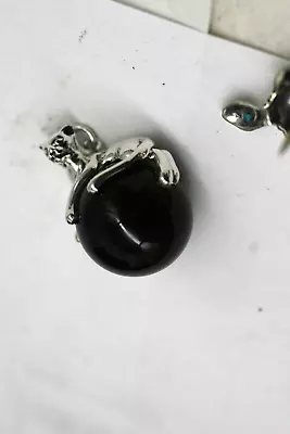 Vintage Sterling Silver Cat Panther Laying On Black Onyx Ball Charm Pendant R12 • $34.99