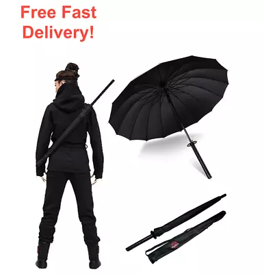 Japanese Anime Windproof Umbrella Black Straight 24 Japanese Ninja Katana Sword • £28.99