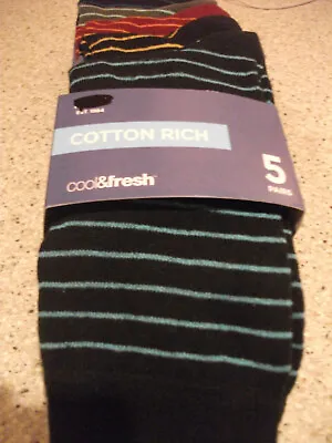 Ex M & S COTTON RICH COOL & FRESH 5 Prs. SOCKS STRIPES ON BLACK RED KHAKI NAVY • £8.99