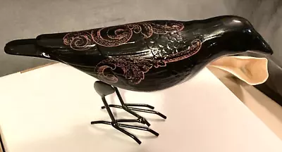 Black Resin Raven/Crow Figural Bird W/Metal Legs/Feet-Brown Design On Back-5 H • $21.95