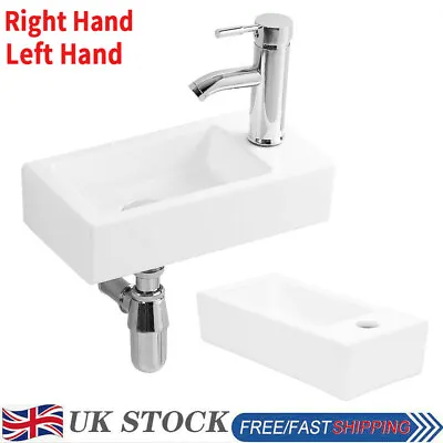 Small Compact Bathroom Cloakroom Hand Wash Basin Sink Ceramic Wall Hung White UK • £26.90