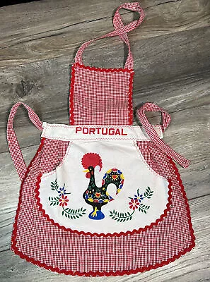 Vintage Portugal Child’s Bib Apron Rooster Ric Rac Checkered 60s Red • $18.89