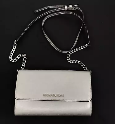 Michael Kors Saffiano Silver Leather Chain Strap Daniel Crossbody Bag Clutch • $32.50