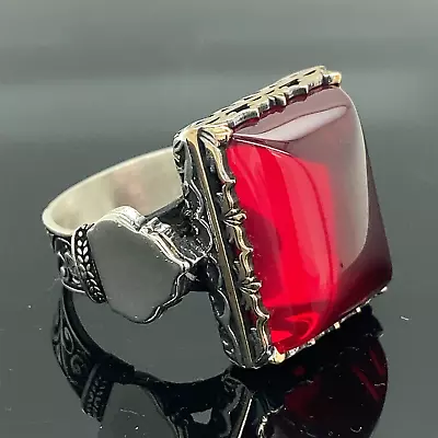 Silver Square Ruby Stone Ring  Men Engraved Ruby Red Square Stone Ring • $75