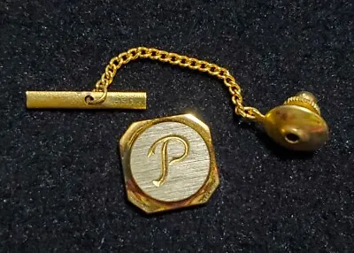 Men's Gold Tone & Silver P INITIAL Tie Pin With Chain & Bar Square Cut Corners • $8