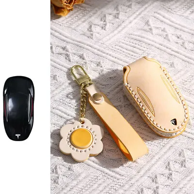 Leather Remote Key Fob Cover Case Holder Shell For Tesla Model S 3 Y Key Chain • $26