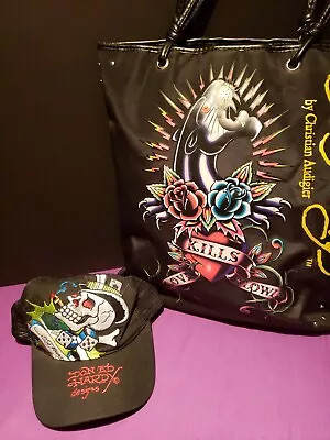 Ed Hardy Love Kills Slowly Tote Bag Purse & Hat Black Panther Rose READ SHIPPING • $32.95