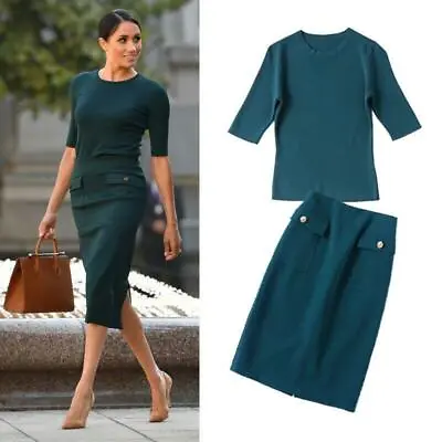 2PCS Meghan Markle Women's Midi Pencil Skirts+Kintting Tops T-shirts Suits Dress • $76.99