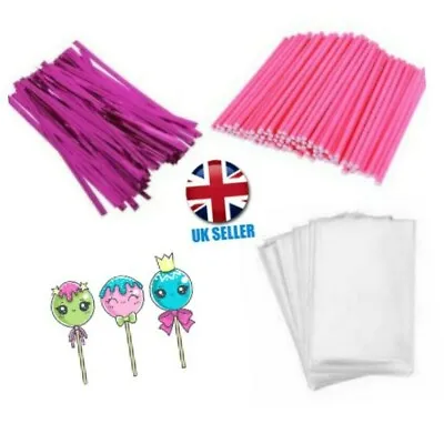 50 X PINK CAKE POP KIT 4.5  PAPER LOLLY STICKS 3 X 5  CELLO BAGS & METALLIC TIES • £4.50