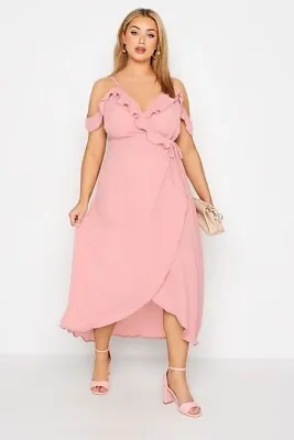 $70 • Buy Women's Plus Size 24 Pink Ruffle Wrap Cold Shoulder Maxi Dress 