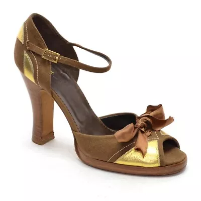 Womens Anna Sui Ankle Strap Pumps 40 / 9.5 Brown Gold Peep Toe High Heels Shoes • $59.99