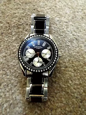 £49.99 • Buy Ladies Diamante Black & Chrome Rotary Chronospeed Multi Dial Watch