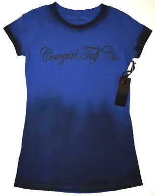 COWGIRL TUFF CO Blue Dip Dye T Shirt Top NEVER GIVE UP Womens M (Fit Tip: S) NEW • $14.99