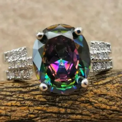 925 Sterling Silver Rainbow Mystical Fire Topaz Wedding Engagement Ring Size 9 • $15.74