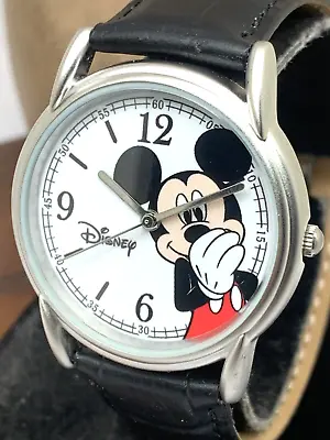 Disney Women's Watch Mickey Mouse White Dial Quartz Black Leather 35mm W000856 • $29.67