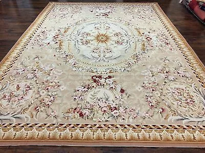 $2559.36 • Buy Aubusson Rug 9x12 Elegant Savonnerie Carpet Beige Floral Wool Handmade French