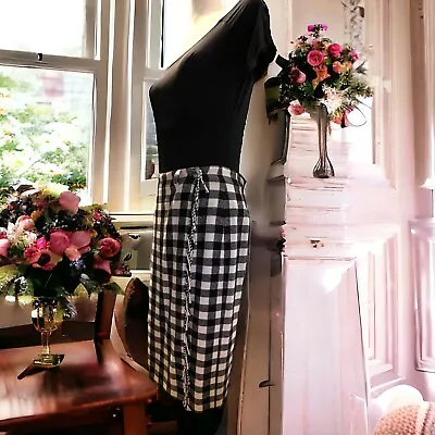 Vintage Breeches Black & White Buffalo Plaid Wrap Pencil Wool Lined Midi Skirt • $19.99