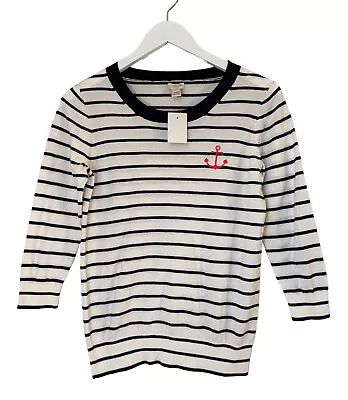 NWT J.Crew Factory Nautical Anchor Sweater 3/4 Sleeve Navy White Stripe Medium • $21.99