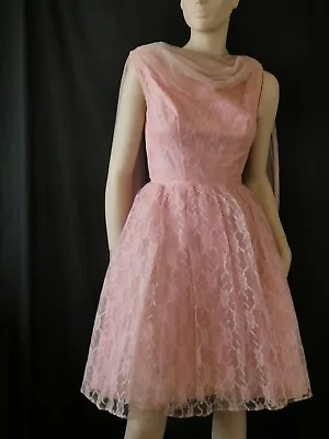 Gorgeus 1950s/1960s Home-made?pink Lace/chiffon Cocktail/party/prom Dress UK6/8 • £65