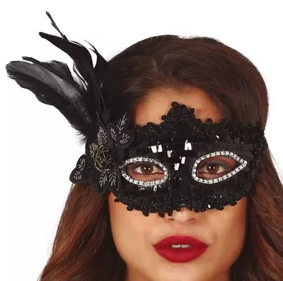 Masquerade Ball Fancy Dress Eye Mask Prom Eyemask Black With Feather Fg • £10.99