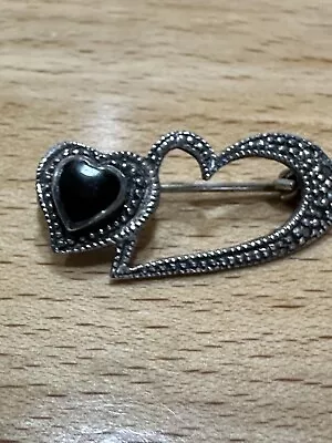 Brooch Sterling Silver 925 Double Hearts Onyx Marcasites  • $18.50