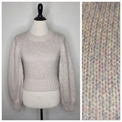 STAUD Women's Cable Knit Metallic Pastel Inu Balloon Sleeve Sweater Size XS • $69