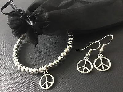 PEACE SIGN Bracelet And FREE Earrings Fancy Dress 60s 70s Hippie Boho Bijoux • £3.50