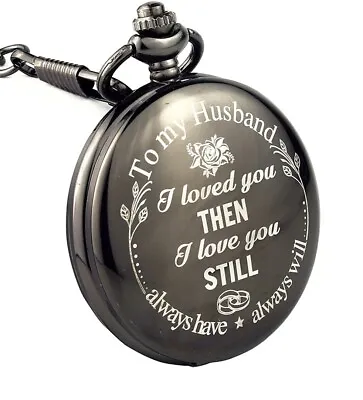 Black Pocket Watch With Chain - Anniversary Gift For Husband Spouse Partner  • £11.95