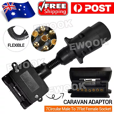 $17.95 • Buy 7 Pin Round Male Plug To 7 Pin Flat Female Socket Adaptor Trailer Connector