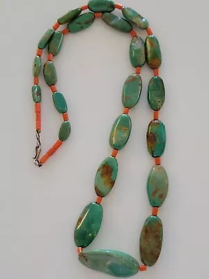 Vtg Old Pawn Navajo 22  Sterling Coral Green Turquoise & Sterling Bead NECKLACE • $20