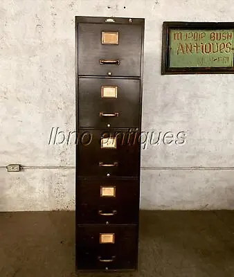 VINTAGE AMERICAN 1940s STEEL-AGE FAUX-BOIS METAL/ BRASS FILE CABINET 5 DRAWERS • $299.99