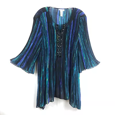 $19.79 • Buy Catherines Plus Sz 0X Blouse Top Blue Green V Neck Beaded Accordian Pleats 14/16