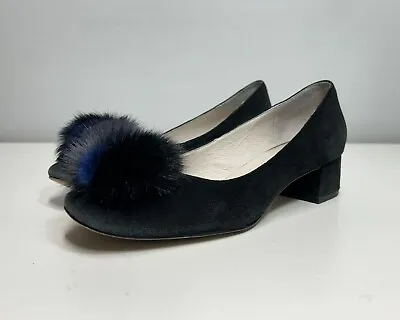 Bettye Muller Black Suede Mink Fur Pom Pom Heels Women’s 7 M • $35