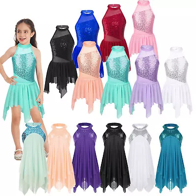 Kid Girls Sequins Lyrical Ballet Contemporary Dance Dress Halter Dancing Costume • £15.22