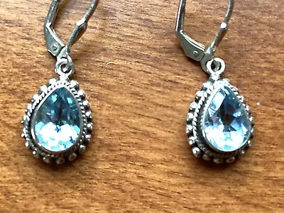 Vintage Blue Topaz Bali Sterling Silver Drop Dangle Gemstone Earrings • $34