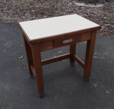 Antique Oak Glass Top Desk Table Industrial School Office Laboratory • $375