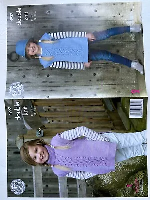 King Cole 4927 Double Knitting Pattern Girls Cabled Round Or Polo Neck Tabard • £3.50
