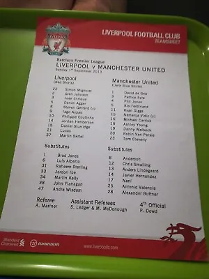 Liverpool V Man Utd Football Teamsheet. Premier LG. 1.9.2013. Fold • £1.50