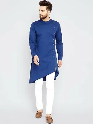 £19.16 • Buy Indian 100% Cotton Men Kurta Shirt T-Shirt Blue Tunic Top Solid Color All Size