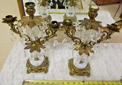 Vintage Pair Italian Regency Style Brass Marble Candelabras W/ Crystals 15” Nice • $199.99