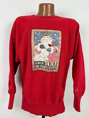 Vintage 90s Champion Reverse Weave Christmas Sweatshirt L Santa Clause Red FLAW • $8