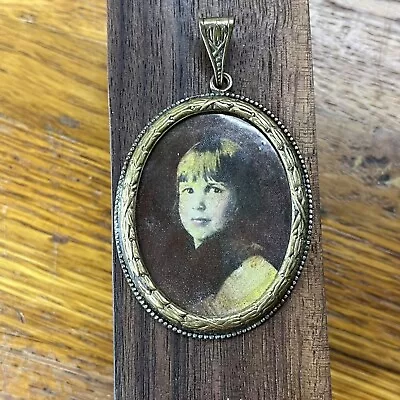 Victorian Mourning Memento Mori Antique Photo Pendant Young Girl Brass Bezel 2” • $49.99