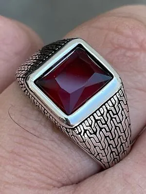 Mens Plain Real 925 Sterling Silver Simulated Ruby Red Gem Stone Pinky Ring CZ • $33.37