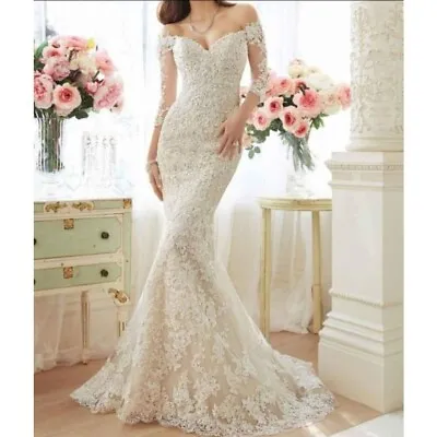 Wedding Dress Off-shoulder Sze 8-10 Mermaid White Bride Lace V-neck NEW Tail • $227.12