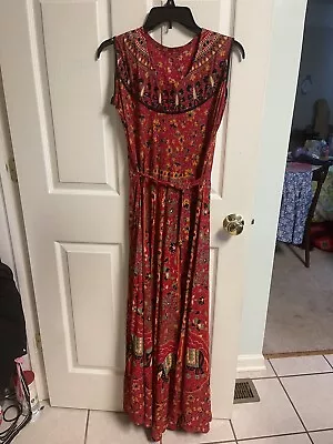 Vintage 90s Chennai Maxi Dress Women's Medium Elephant Polyester Red 36 Bust • $24