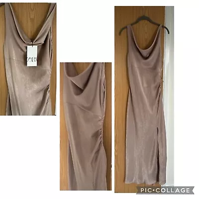 Zara Pencil Dress Slip Midi Camel Taupe Beige  L New • £30