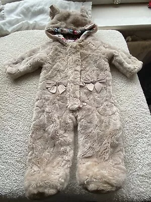 TED BAKER BABY GIRL BEIGE FURRY SNOWSUIT PRAM SUIT WITH OIL PAINTING LINING 6-9m • £12