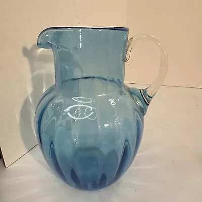 Vintage Small Hand Blown Optic Blue Glass Clear Handle Pitcher 5.5  Tall • $13.94