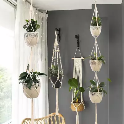 Macrame Plant Hanger Indoor Hanging Planter Basket Rope Flower Pot Holder Decor • £7.38