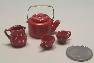 Dollhouse Miniature - Red Enamelware Tea Set 4 Pieces (JAH) • $7.95